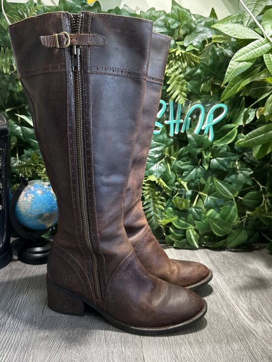 Born Women's Poly Riding Boot Size 8 M Tall Zip Block Heel Brown Leather - Picture 1 of 13